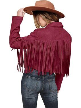 Women's Wine Red White Polyester Blend Spring Tassel Motorcycle Cropped Jacket